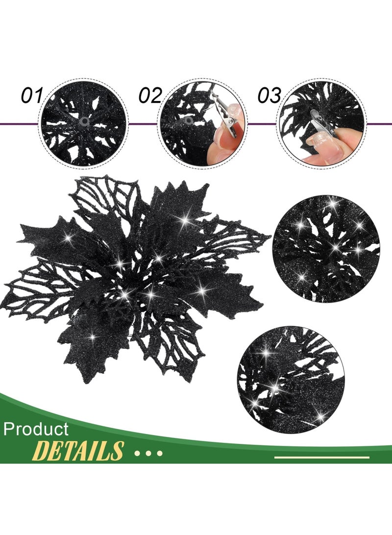 SYOSI Christmas Glitter Poinsettia Flowers 10 Pieces Glitter Christmas Tree Ornaments Artificial Poinsettia Flowers for Wedding Christmas Wreath Tree Decoration (Black) - Image 2